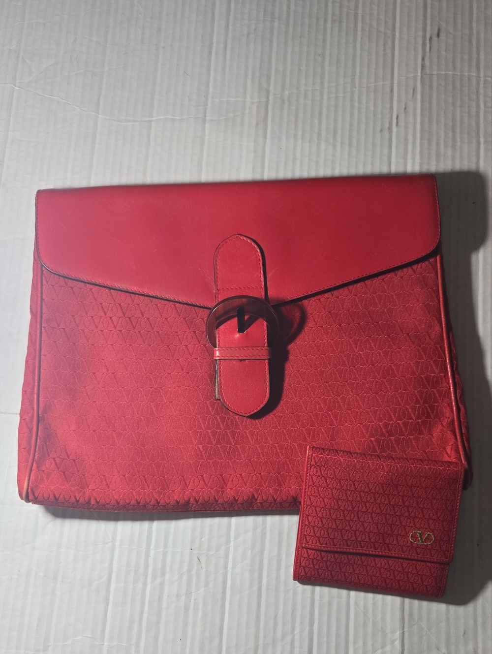 Valentino Garavani Red Leather-Trim Envelope Clutch with Matching Wallet